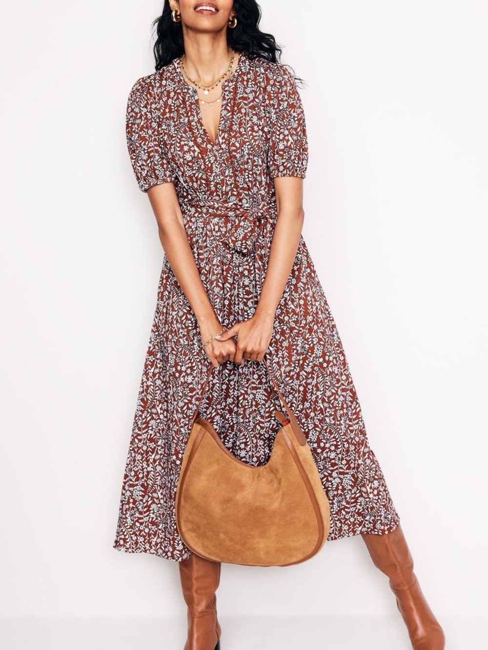 Boden Sofia Trim Jersey Midi Dress Autumn Brown Foliage Bud 12 Petite Prairie